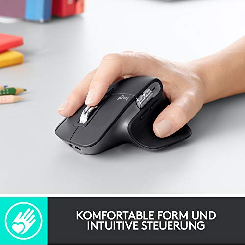 Logitech MX Master 3 Kabellose Maus, Bluetooth und 2.4 GHz Verbindung via USB-Empfänger, 4000 DPI Sensor, Ultra-schnelles Scrollen, Für alle Oberflächen, 7 Tasten, PC/Mac/iPadOS - Hellgrau - EDV-Guru (Guru e.U.)
