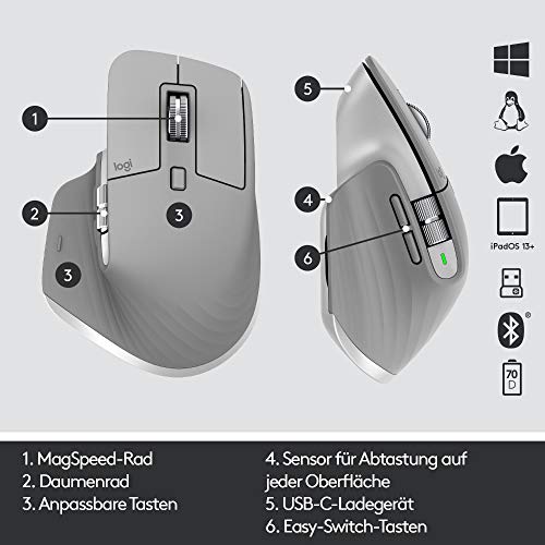Logitech MX Master 3 Kabellose Maus, Bluetooth und 2.4 GHz Verbindung via USB-Empfänger, 4000 DPI Sensor, Ultra-schnelles Scrollen, Für alle Oberflächen, 7 Tasten, PC/Mac/iPadOS - Hellgrau - EDV-Guru (Guru e.U.)