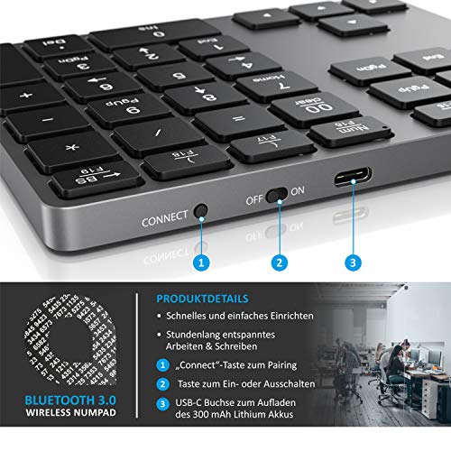 CSL - Bluetooth Numpad - Wireless Ziffernblock mit Multifunktionstasten – Keypad Aluminium - 35 Tasten – Bluetooth 3.0 – Kabellos - kompatibel mit Apple PC Notebook Tablet Laptop - Windows Android iOS - EDV-Guru (Guru e.U.)