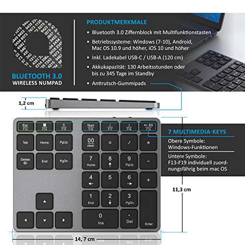 CSL - Bluetooth Numpad - Wireless Ziffernblock mit Multifunktionstasten – Keypad Aluminium - 35 Tasten – Bluetooth 3.0 – Kabellos - kompatibel mit Apple PC Notebook Tablet Laptop - Windows Android iOS - EDV-Guru (Guru e.U.)