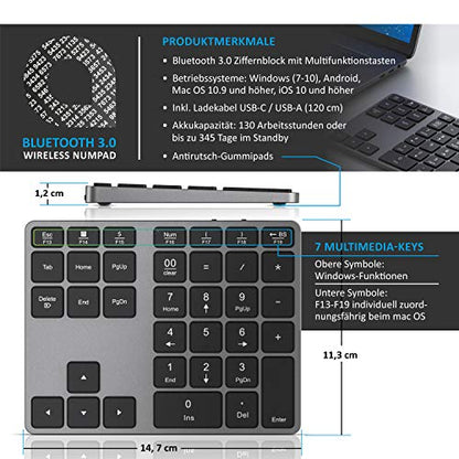 CSL - Bluetooth Numpad - Wireless Ziffernblock mit Multifunktionstasten – Keypad Aluminium - 35 Tasten – Bluetooth 3.0 – Kabellos - kompatibel mit Apple PC Notebook Tablet Laptop - Windows Android iOS - EDV-Guru (Guru e.U.)